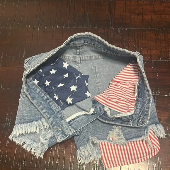 Blue and Red Jean Shorts with Distressed Frayed Hem 4th of July America - Picture 2 of 3
